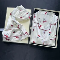 Cherry Print Pajamas Set for Women Summer Satin Two Piece Sleepwear Short Sleeve Shirt and Shorts Casual Fashion Homewear - Image 4