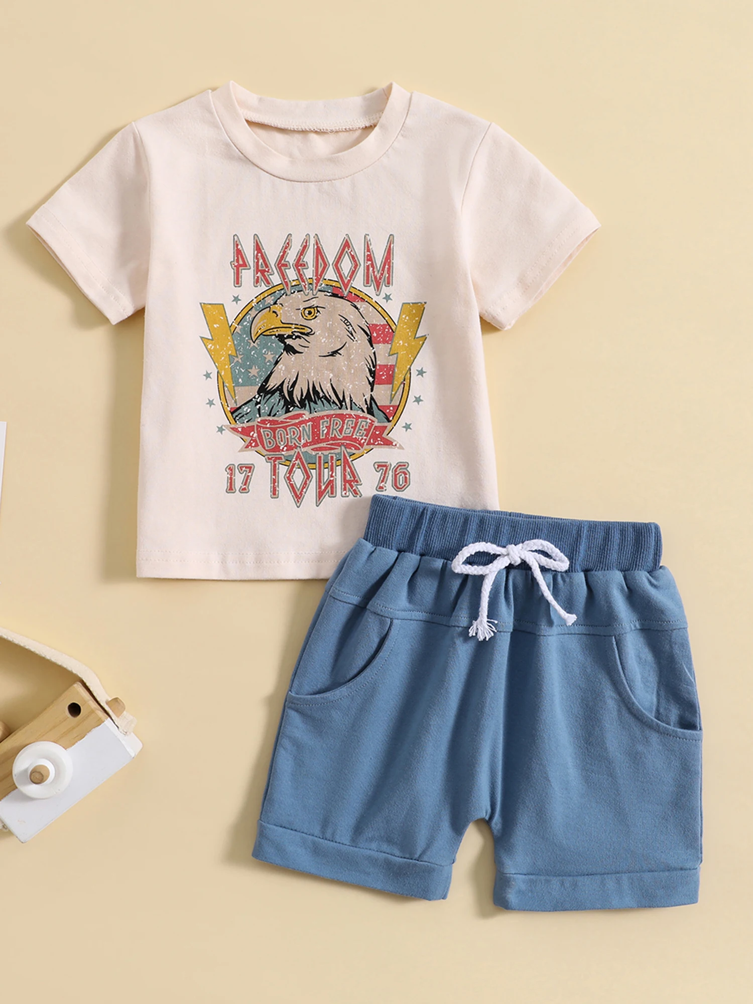 

Patriotic Baby Boys Outfit Set with American Flag Print Tee and Solid Color Shorts for 4th of July Celebration - 2 Piece Summer