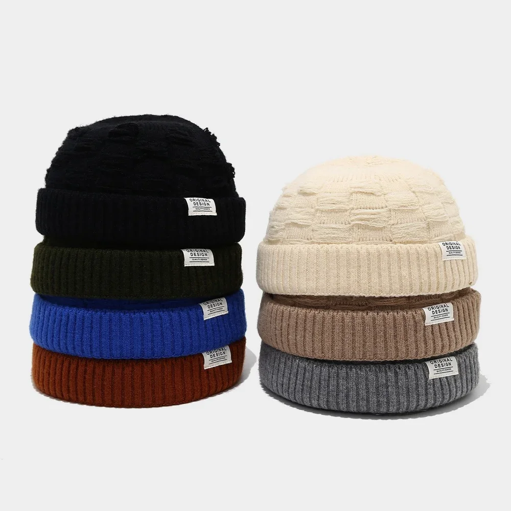 Thick Knitting Docker Cap Warm Winter Autumn Brimless Caps With Letter Label Solid Color Beanie Hat Hats Unisex Retro Vintage