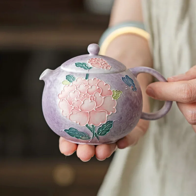 Hand-painted Purple Pink Flower Colorful Smoke Peony Ceramic Xishi Teapot Infuser Filter Teapot Household High-value Tea Set