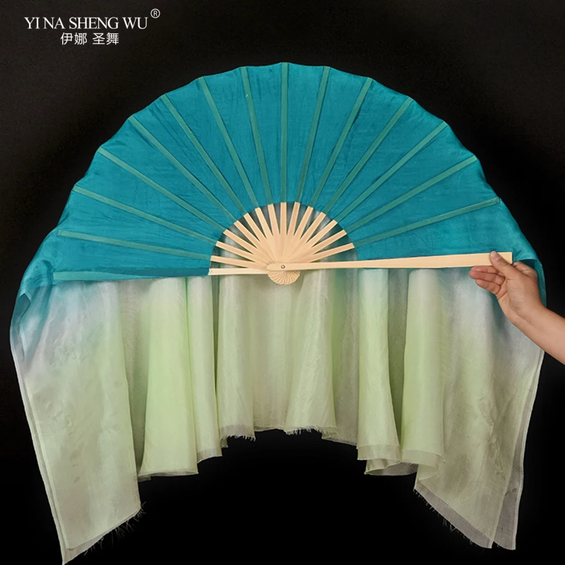 1PC 100%Silk Veil Fan Bamboo Handle Mint Green Light Color Belly Dance Prop Costume Accessory Double Side Extra Long Flowy 86cm