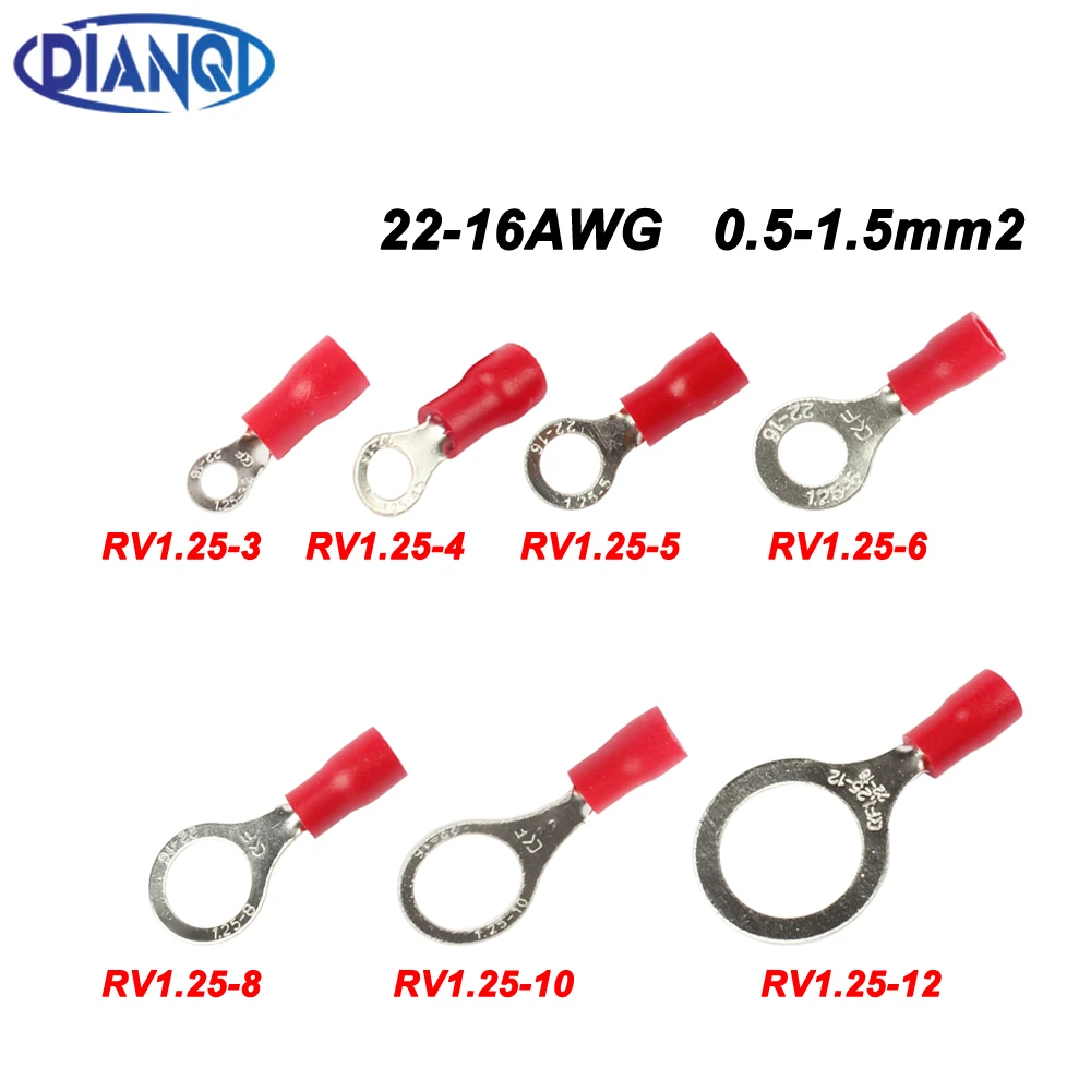 Dianqi RV1.25-5 Rosso Insulated Crimp Terminale Ad Anello Cavo di Legare Del Connettore 100 Pz/pacco RV1-5 Rv