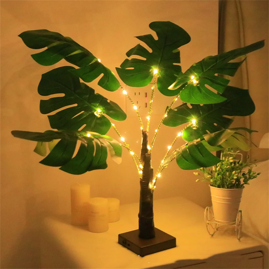 

55CM 30 LED Artificial Lighted Tree Monstera Leaf Tree Tropical Rattan Palm Leaves Fairy Light for Party Beach Theme Table Decor