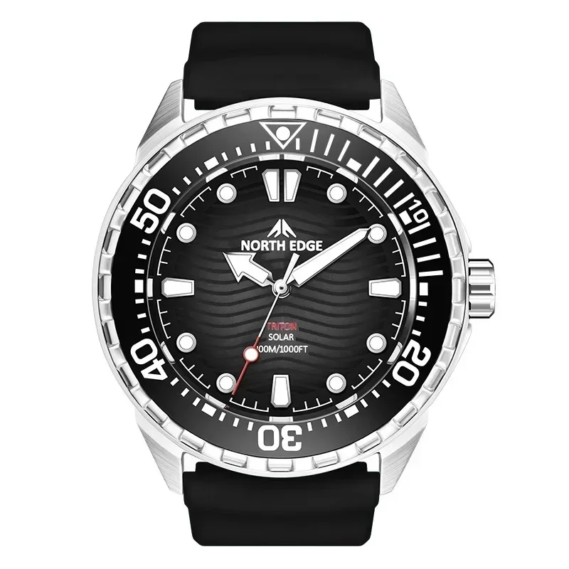 NORTH EDGE TRITON Men Solar Powered Quartz Dive Watch, 316L Stainless Steel Case, 300M Waterproof