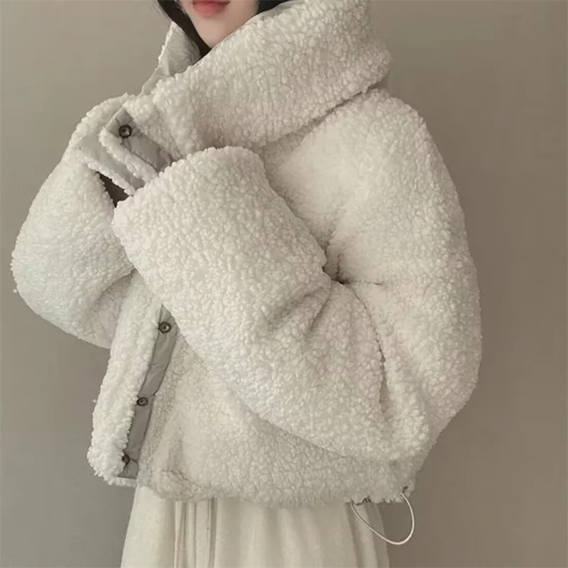 Korean Double-Sided Wear Lamb Fur Patchwork Down Cotton Jacket Women's Autumn Winter Fashion Short  Big Lapel Student Bread Coat