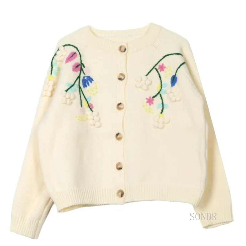 Thick Black Cardigan with Three-dimensional Flroal Women Retro Embroidered Single-breasted Sweater Knitted Jacket White Cardigan