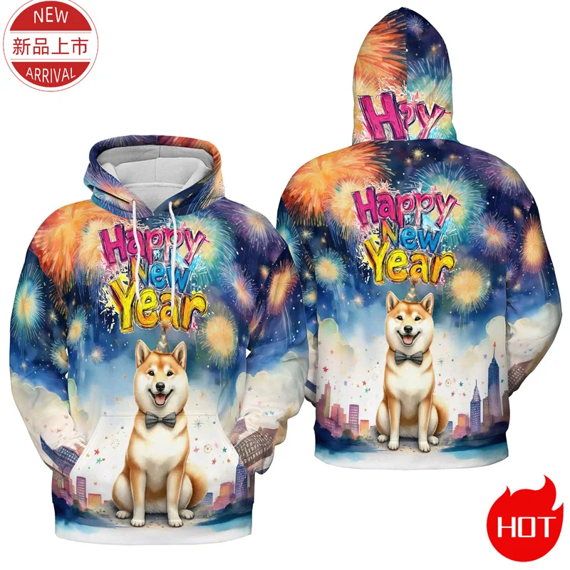 2025 Happy New Year 3D Printed Hoodies Firework Cute Pull Terrier Corgi Graphic Hooded Hoody Fashion Women Pullovers Clothing