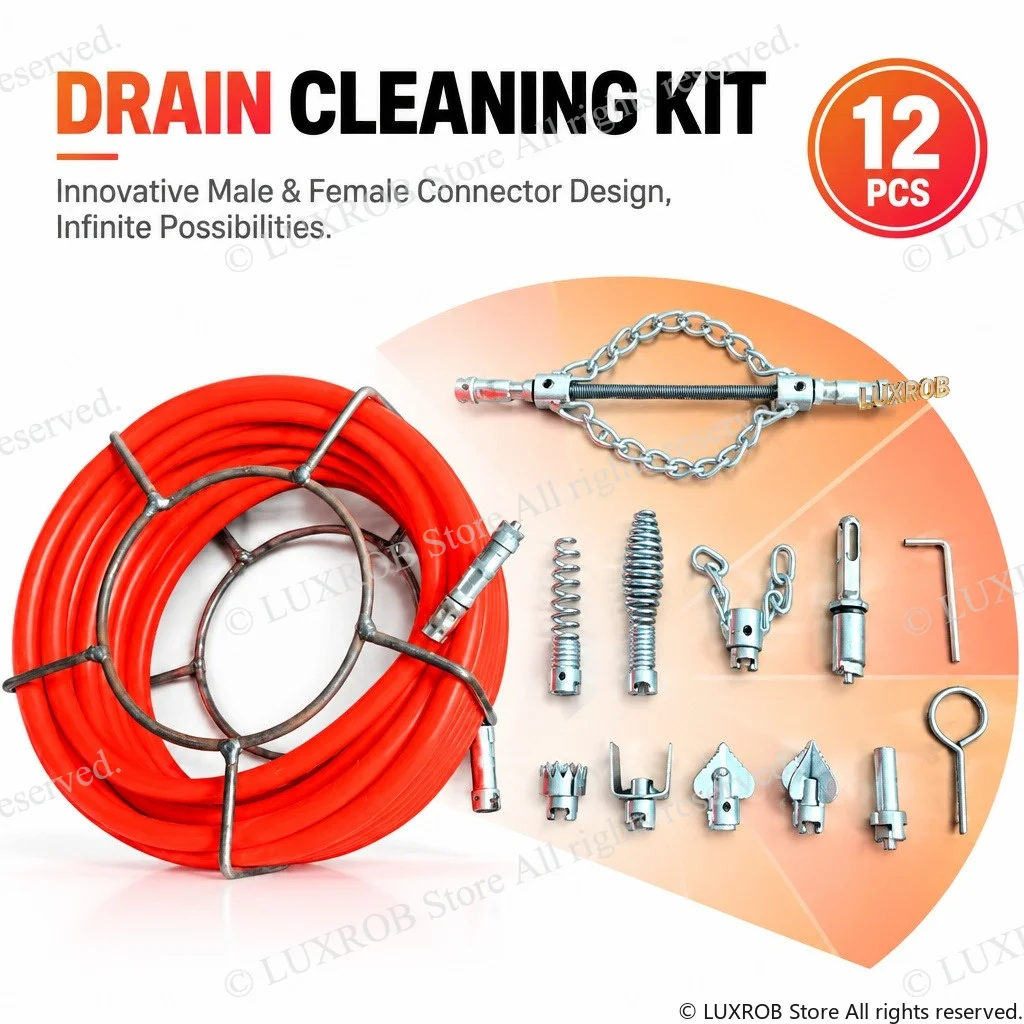 Drain Cleaning Kit 12PCS Sewer Snake Auger 13.5mm PE Pipe,8mm Solid Shaft,6 Cutter Heads & Drill Adapters for Pipe Clog Remover