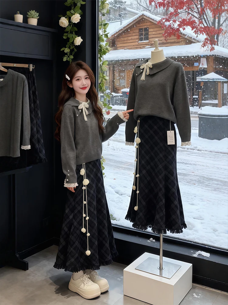

Spring Faion plus Size Korean Sle Knitted Top And Plaid Fi Tail Skirt Set for Women Warm Cozy Casual Wear