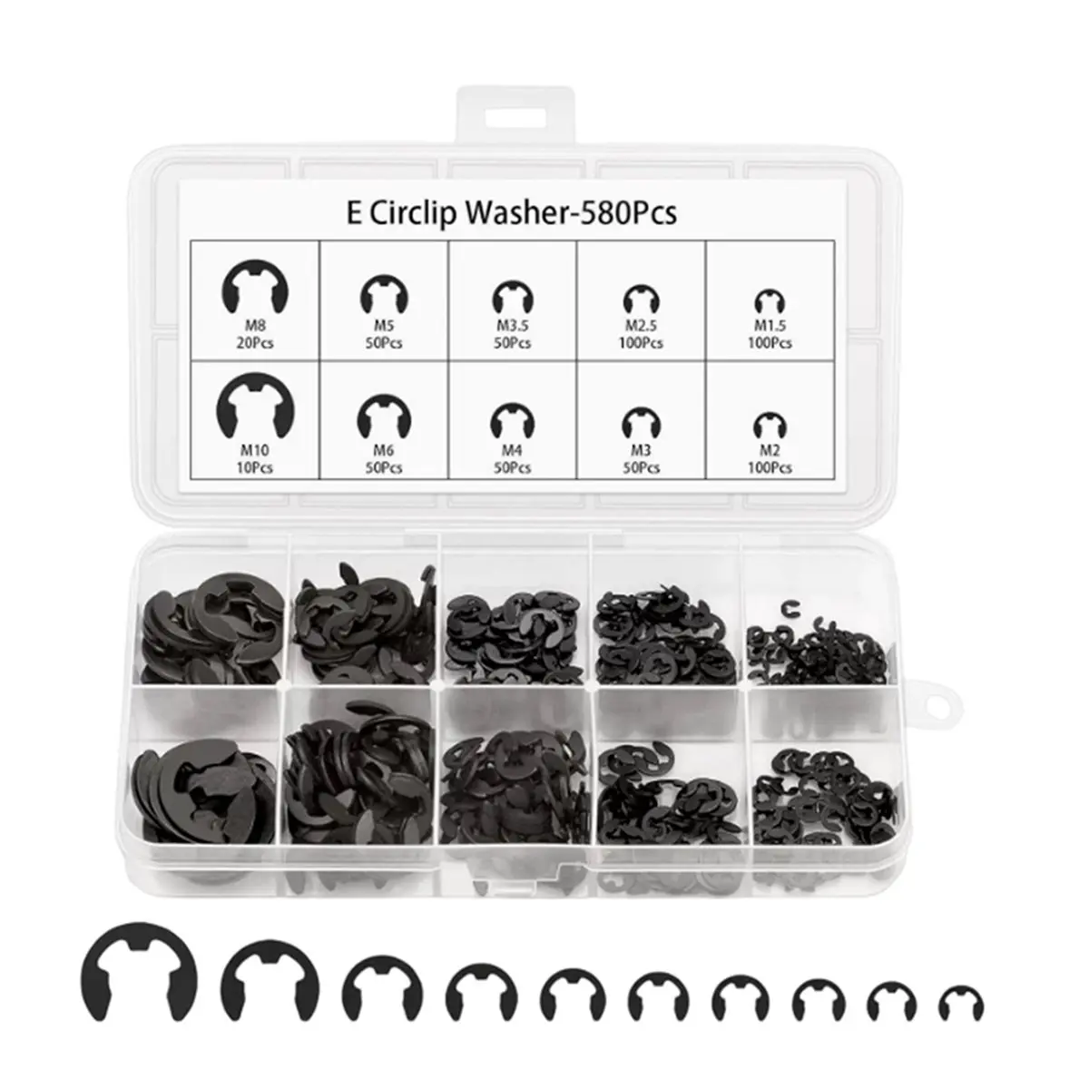（SAME DAY）580PCS Black Carbon Steel E-Clip Kit,10 Sizes External Retaining Rings(M1.5-M10) for Bearings, Gears, Pulleys