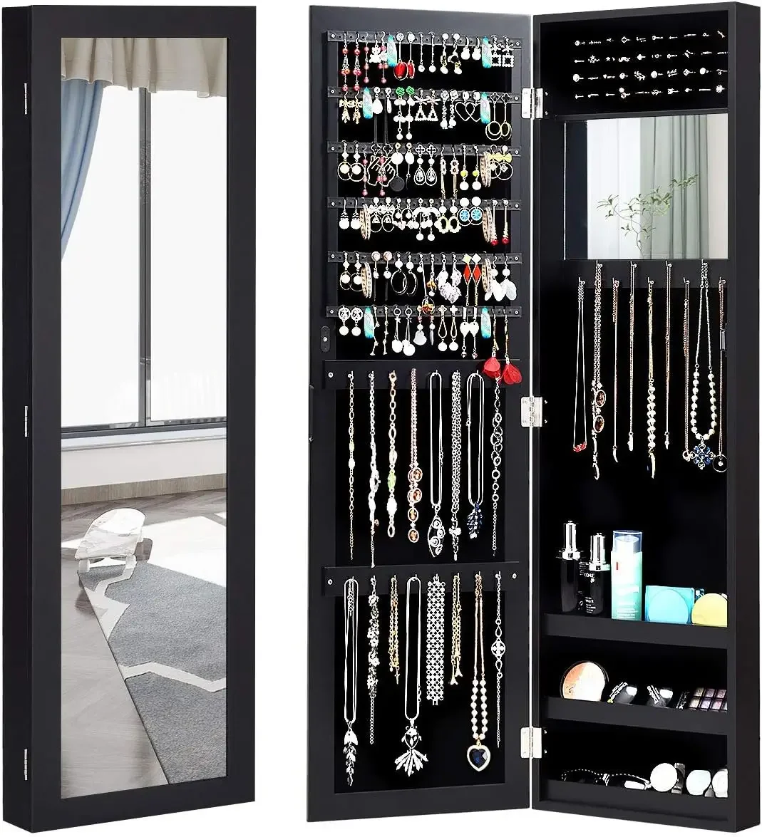 Wall Mounted Jewelry Cabinet with Full Length Mirror, Over The Door Jewelry Armoire Organizer with Large Storage, Makeup Mirror