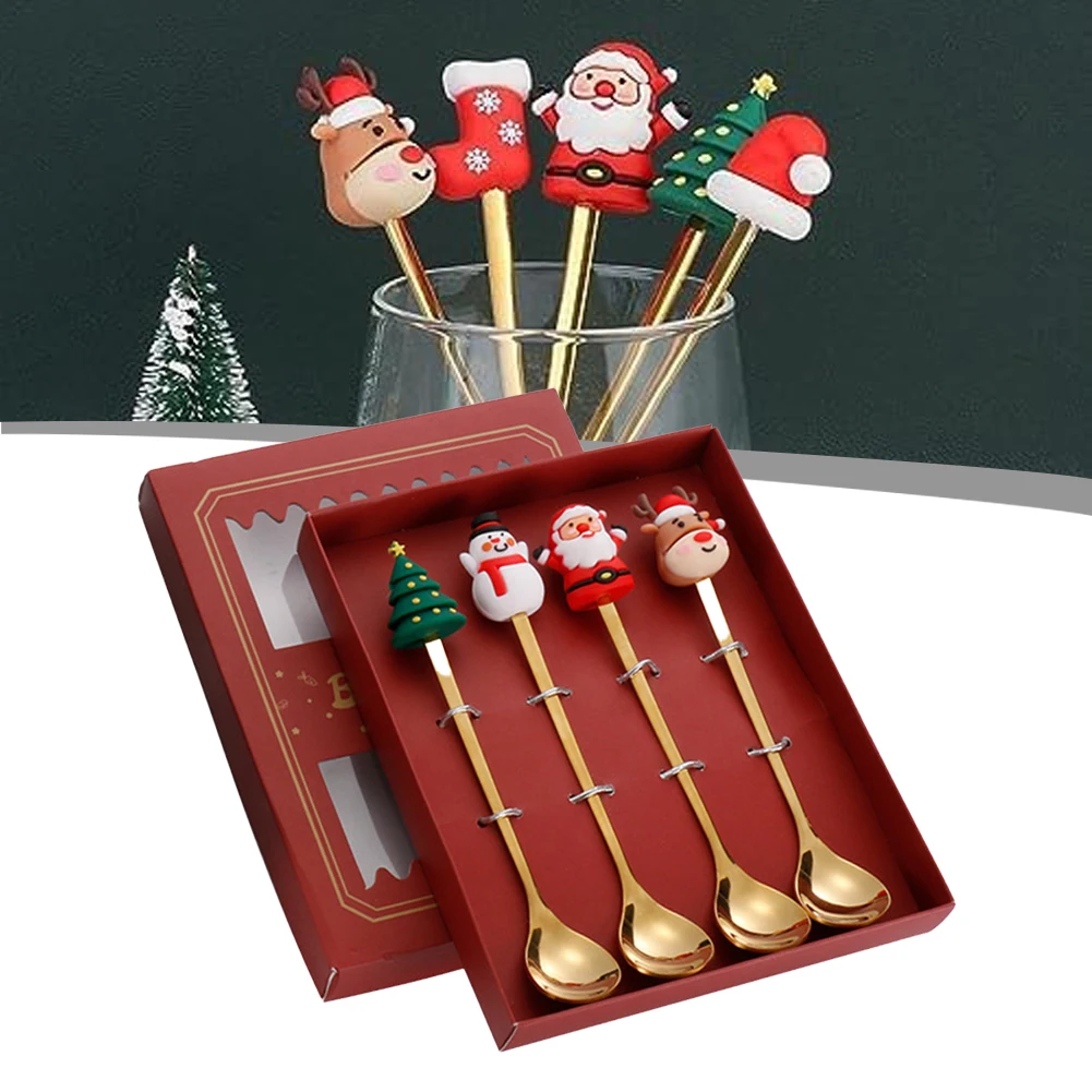 Christmas Stainless Steel Tea Spoon Set Cute Creative Tableware Christmas Tree Snowman Patterns Coffee Tea Dessert Spoons Gifts