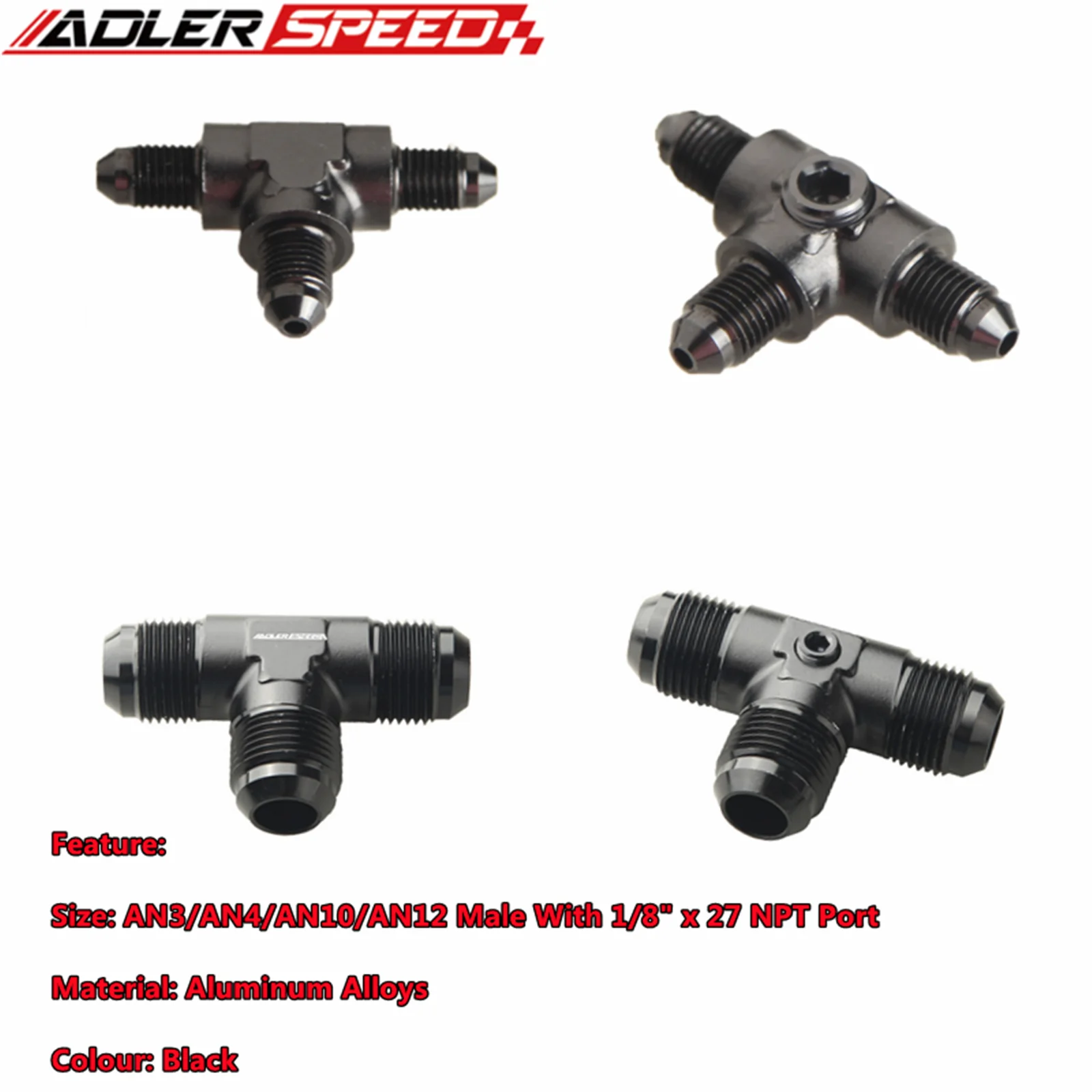 

ADLER SPEED AN3 AN4 AN10 AN12 Male Flare Tee T-piece With 1/8" X 27 NPT Port Fitting Adapter Black