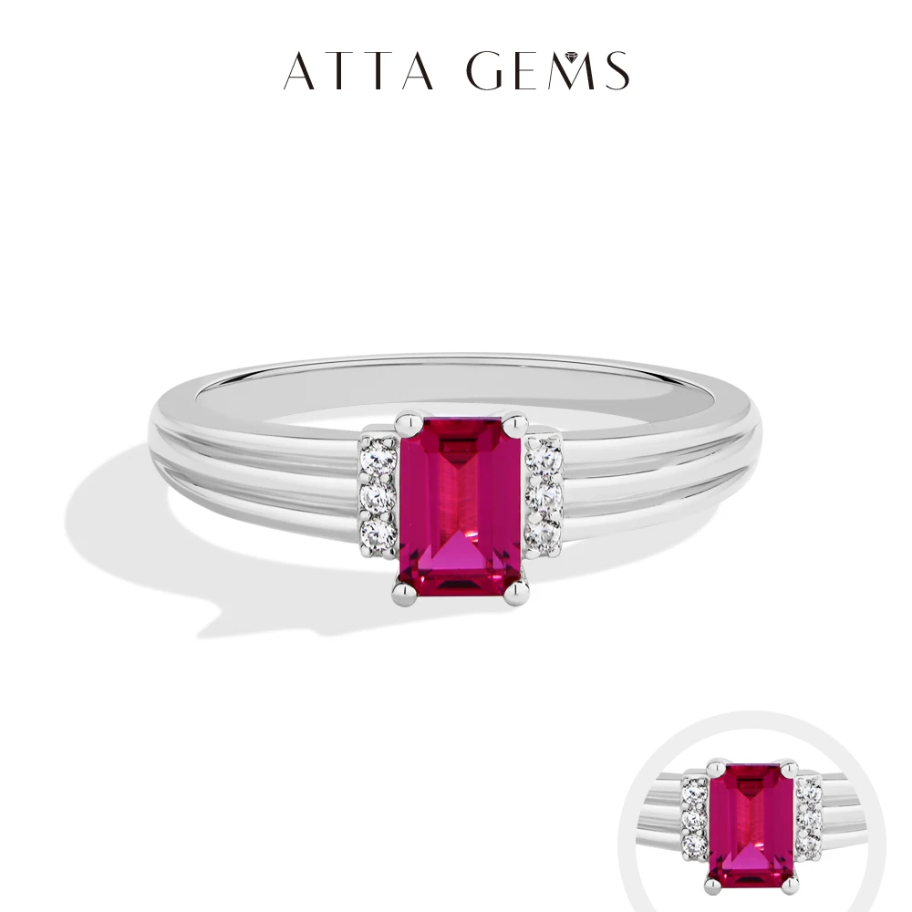 ATTAGEMS Emerald Cut 1CT 5x7mm Lab Grown Ruby Rings for Women Original 925 Sterling Silver Ring Engagement Party Classic Jewelry