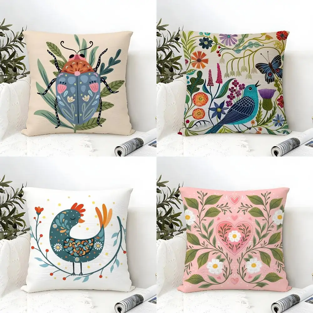 Butterfly, Bird And Flower Print Pillow Case Cotton Linen Fabric Square Zipper Pillowcase Home Decorative Living Room