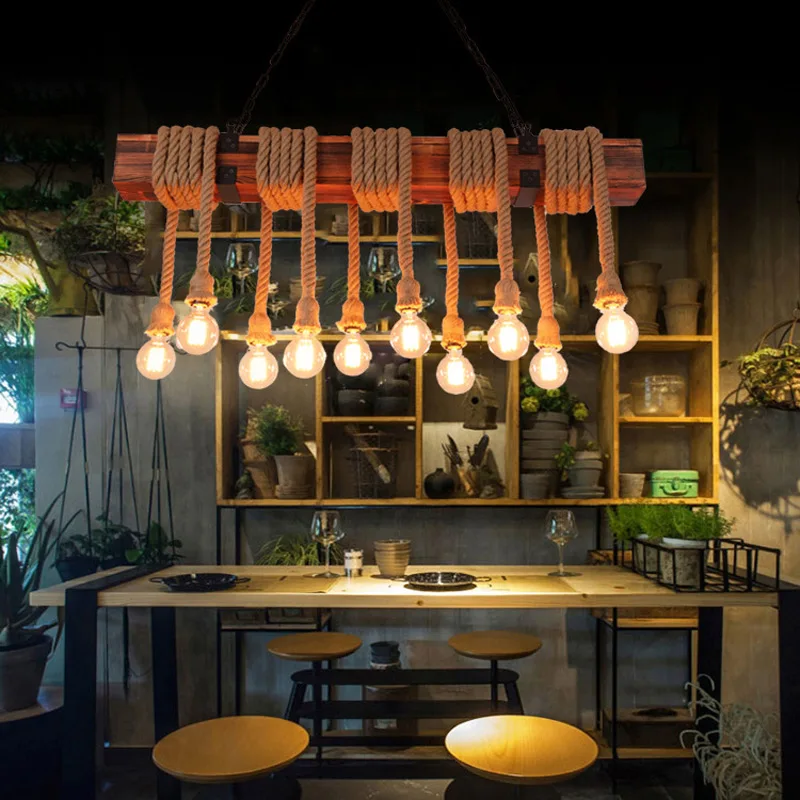 Lampu Gantung Industri Retro Lampu Gantung Kayu Padat Tali Rami Bar Restoran Cafe Ruang Makan Lampu Gantung Lampu Gantung Kayu