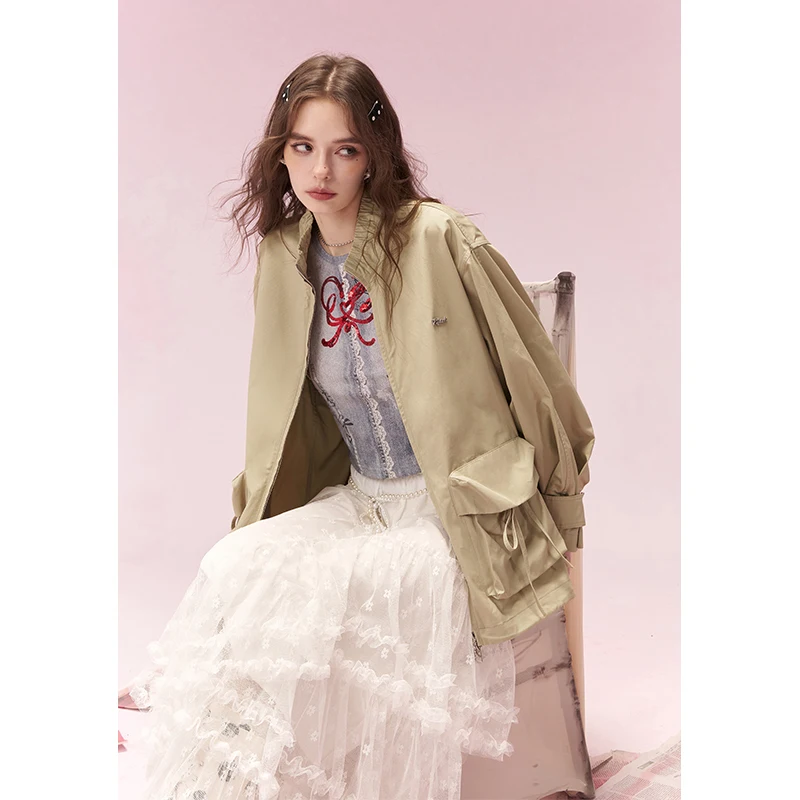 ELFSACK Techwear Drawstring Pocket Stand Collar Loose Fit Cargo Trench Coat For Women