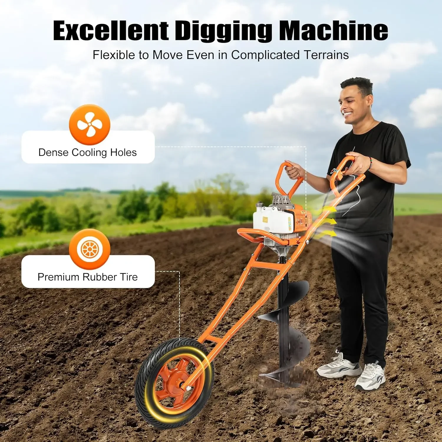 

63CC Earth Auger with Wheelbarrow - Gas-Powered 2-Stroke Engine(8800rpm), 11.81in Drill Bit, High Durability&Flexible Movement