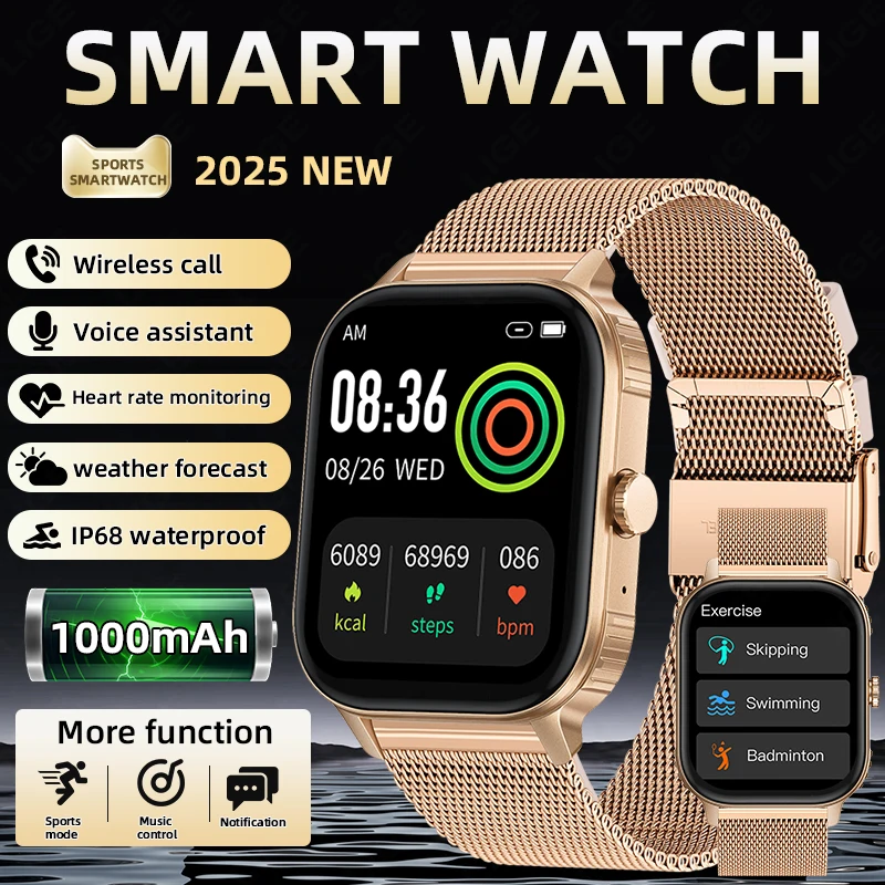 

LIGE 2.04"HD Display Smart Watch 2025 New 1000mAh Large Battery Bluetooth Call IP68 Waterproof Sport Fitness Tracker Smartwatch