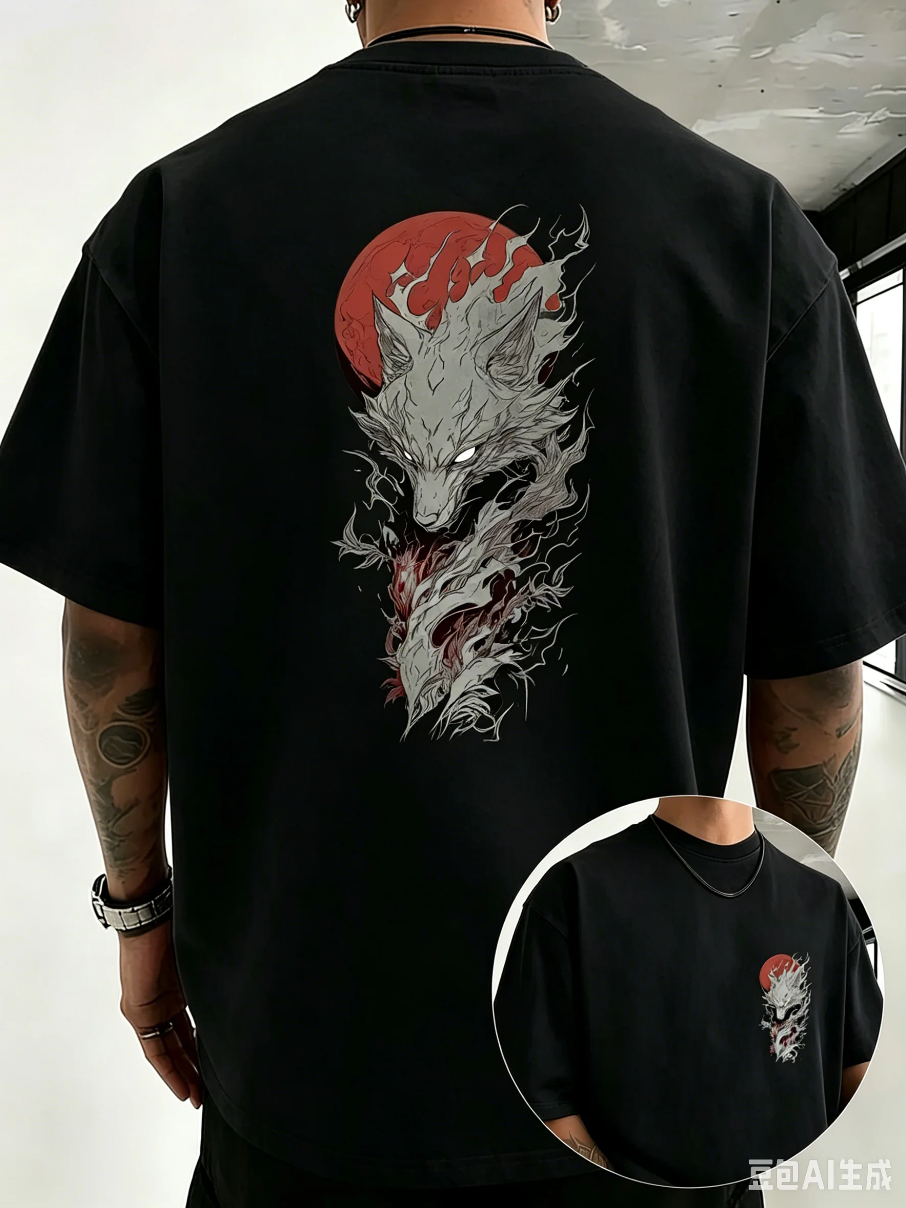 Summer Japanese Style Wolf Red Moon Printed Mens 100% Cotton T-shirt Short Sleeve Casual Street Gothic Tops Multi Color Options