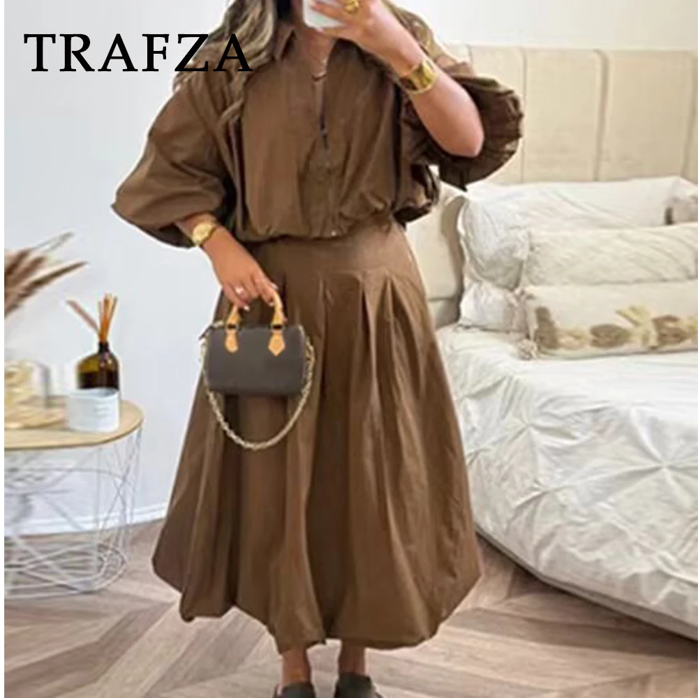 

TRAFZA Chic 2025 Khaki Casual Woman Suit Zipper Straight Short Jacket+Pleated Lantern Long Skirt Vintage Streetwear Female Set