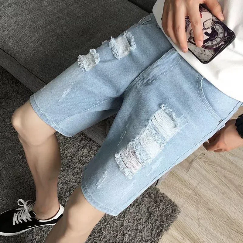 Male Denim Shorts Ripped with Text Men\'s Short Jeans Pants Multi Color Sale Retro Streetwear Stretch Jorts Vintage Xl Harajuku