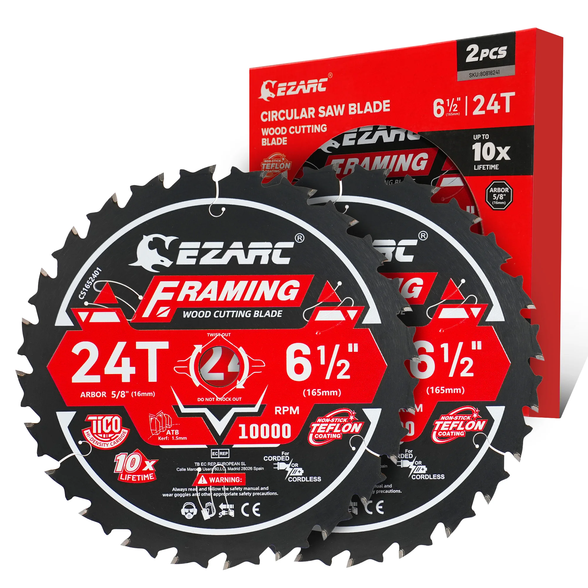 EZARC 6-1/2 Inch Circular Saw Blade 24T/40T/60T, 2pcs FRAMING Blades for Cutting Wood, Nail-Embedded Wood, Ultra-Thin 1.5mm Kerf