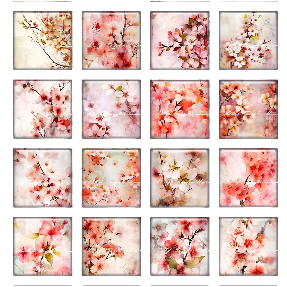 10pcs/lots Square Photo Glass Cabochon Sakura Oriental Cherry Charms Demo Flat Back Cameo For Diy Jewelry Making Accessories