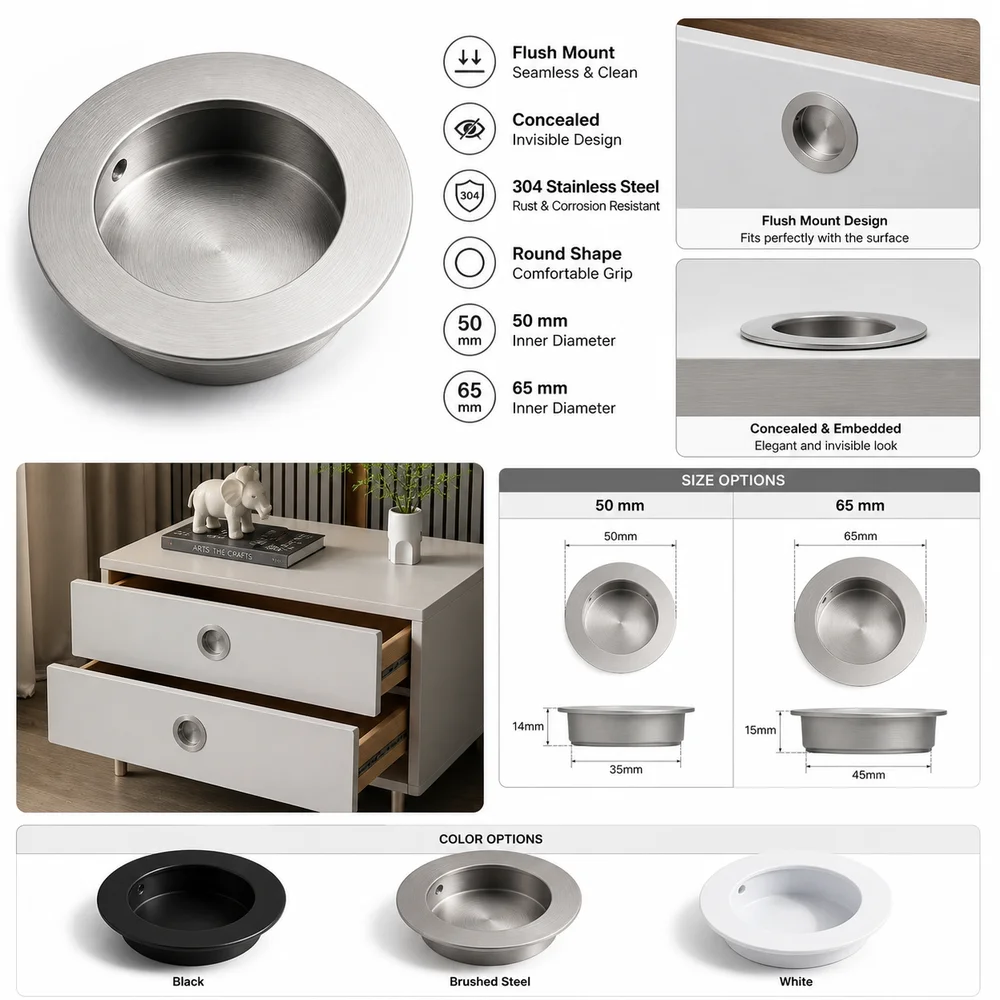 Stainless Steel Recessed Door Handle Round Shape Concealed Installation Cabinet Handles Flush Mount Cabinet Pulls