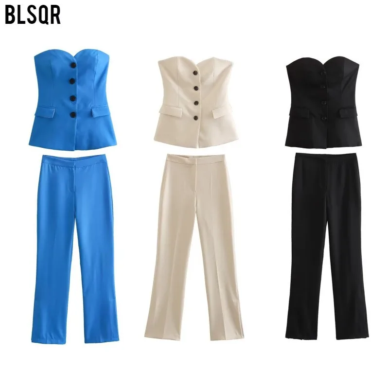 

Blouse Vest Wide-leg Trousers Suit Women's Y2K Button Pocket Slit New Comfortable Minimalist Casual Elegant Distinctive Niche