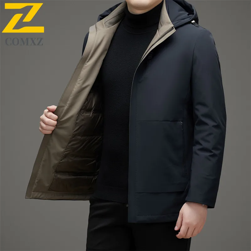 COMXZ Winter Men Short Down Jacket 2025 Luxury Commute Office Thickened Warm Puffer Jacket Business Casual White Duck Down Top