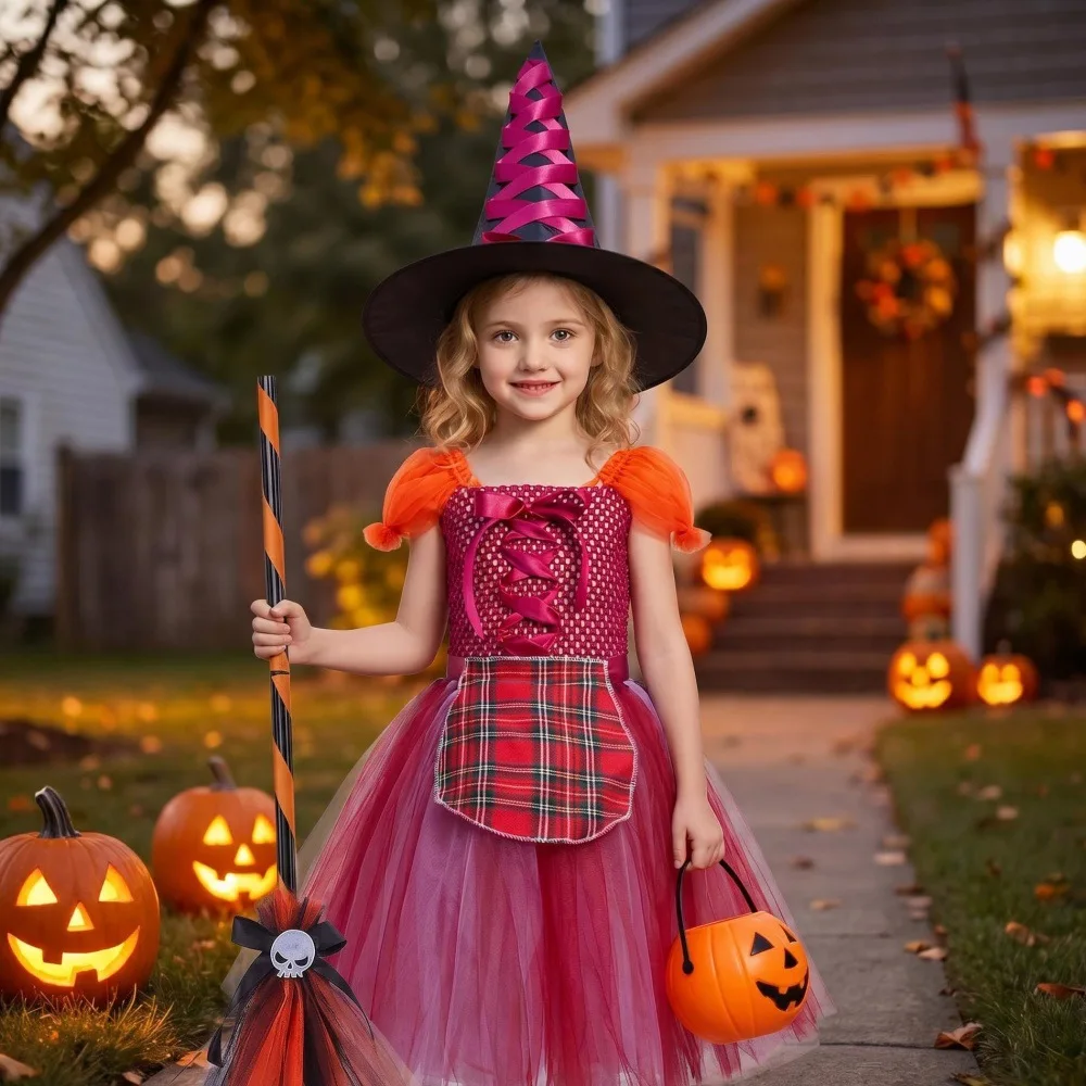 Halloween Witch Dress Puff Sleeve Tulle Tutu Ball Gown Outfit Set Stage Performance Party Women Adult Ladies Vintage Ruffle Mesh