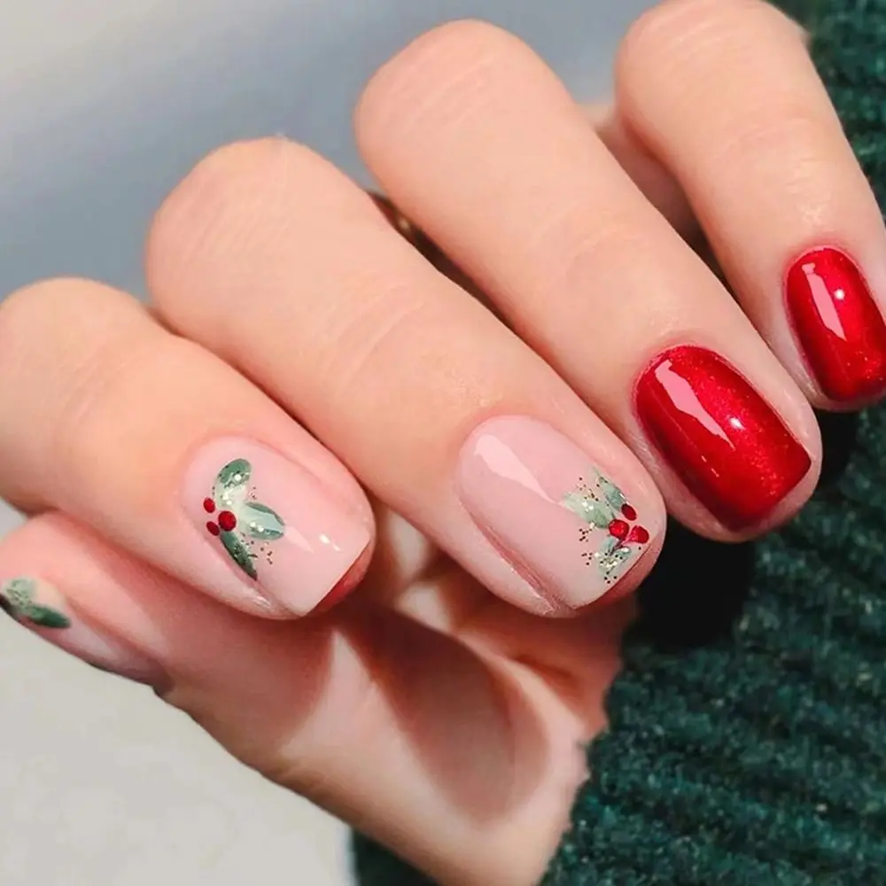 Fashion Long Square False Nails French Full Cover Fake Nials Red Flowers Detachable Press on Nails DIY