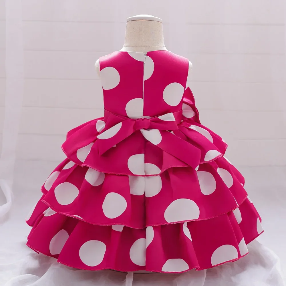 Hot Pink Baby Girls Party Dresses Infant Polka Dots Bow 1st Birthday Wedding Dress For Kids Girl Princess Christmas Ball Gown