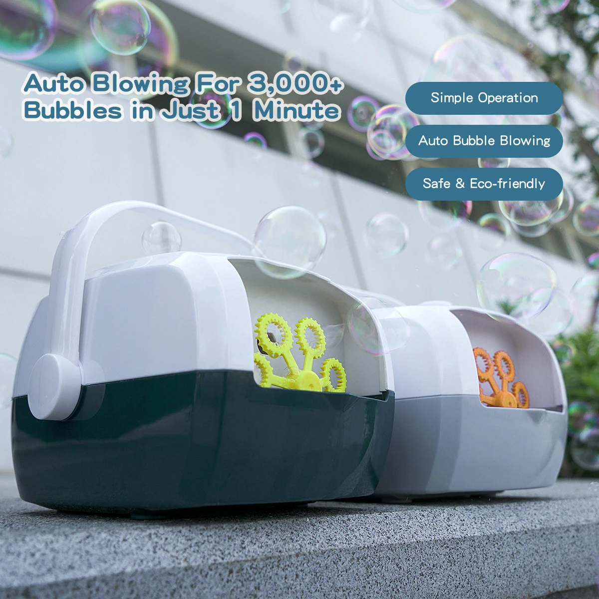 Máquina de burbujas automática duradera para niños, soplador de burbujas automático para interiores y exteriores, fiesta de cumpleaños