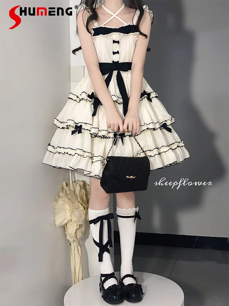 

Japanese Style Sweet Cute Lolita JSK Sling Dress Flying Sleeves Cross Strap Halter High Waist Bow Cake Short Dress Women Summer