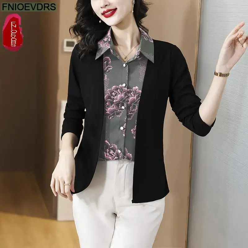 M-5XL New Year Faux Two Piece Tops Women 2023 Autumn Elegant Office Lady Basic Shirts Casual Retro Vintage Bow Tie Blouses