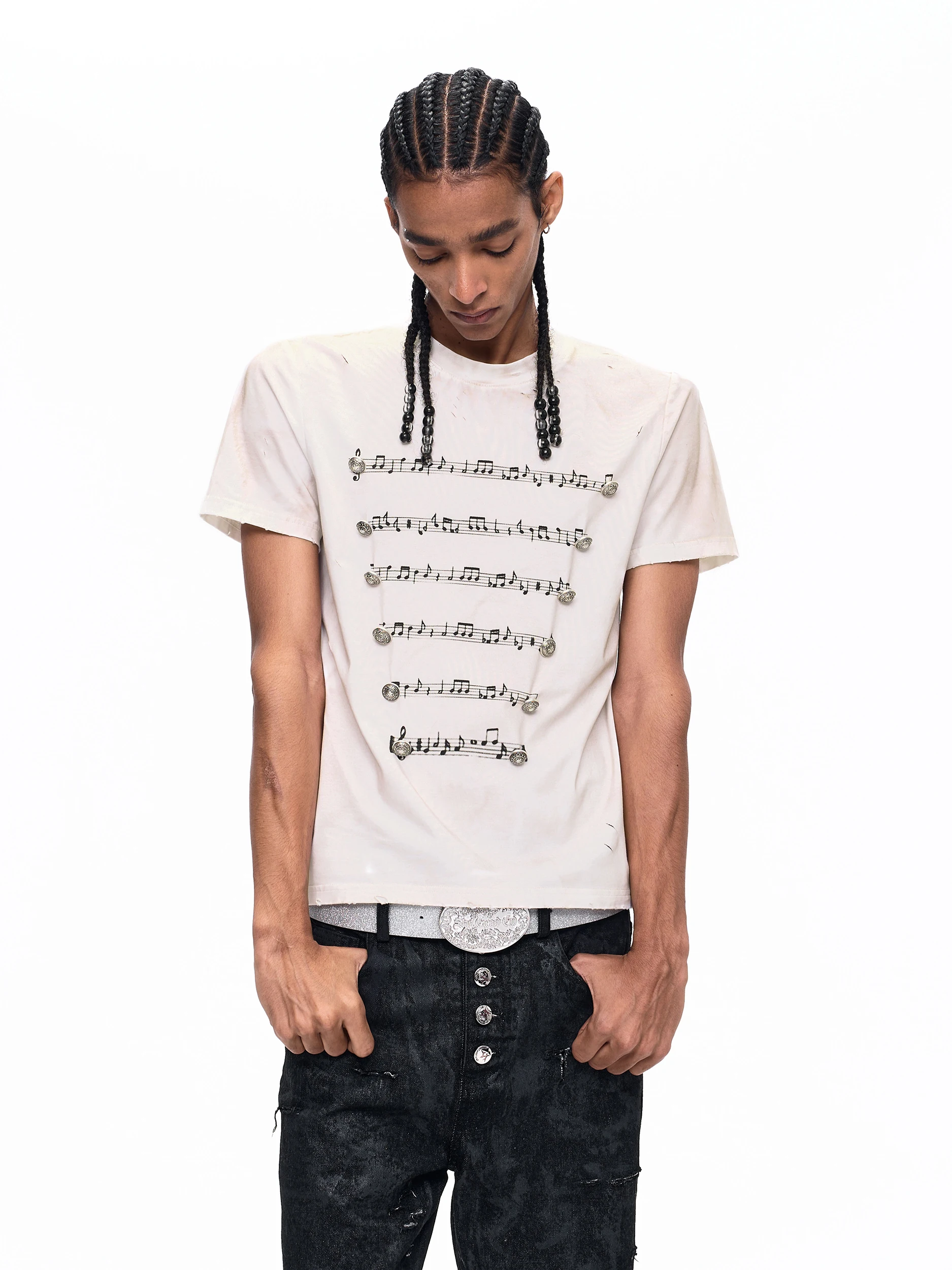 Napoleon Note Print Short Sleeve round Neck T-Shirt Men's Washed Hole Subculture Casual Cotton Punk Style Summer Tee