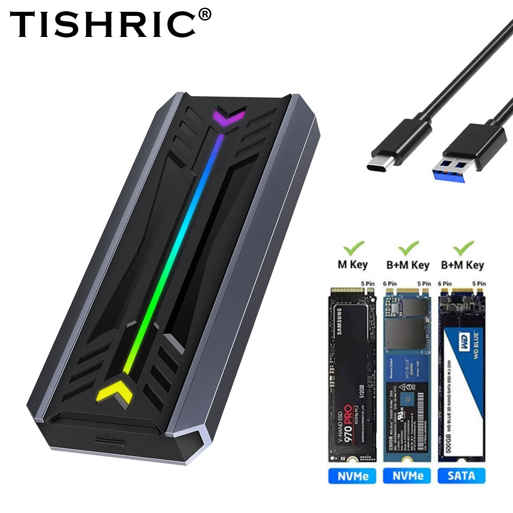 TISHRIC SSD ฮาร์ดไดรฟ์ภายนอก NGFF NVME Dual Protocol SSD M.2 ฮาร์ดไดรฟ์กล่อง Type-C รองรับ 2280 สําหรับแล็ปท็อปพีซี