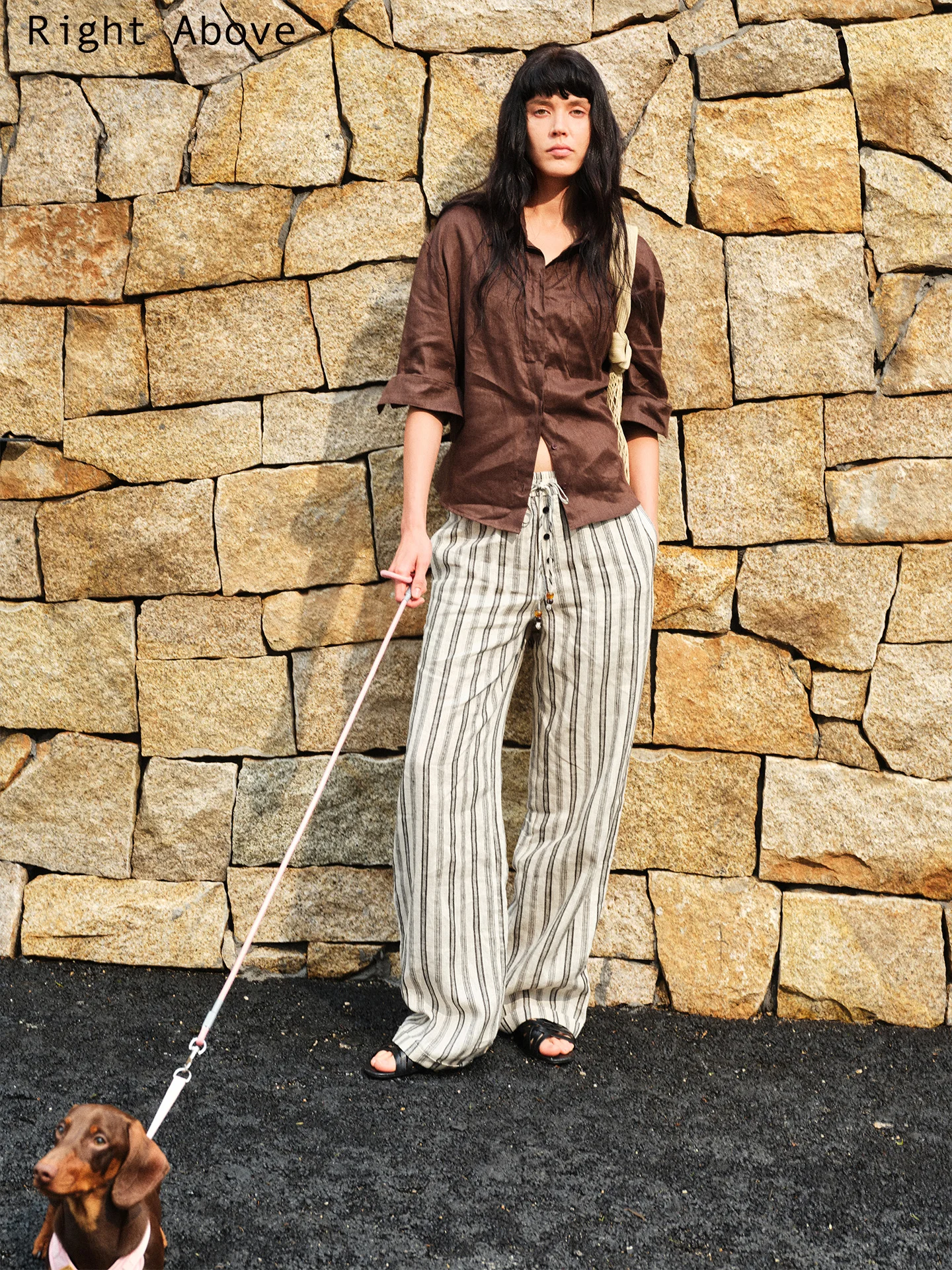 Pantaloni Larghi Estivi in Lino Sottile con Coulisse e Perline, Stile Vintage a Gamba Larga a Righe, Casual da Donna di Right above