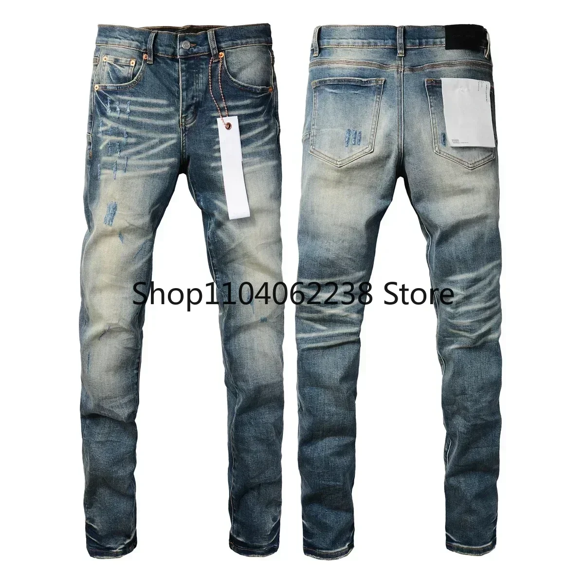 Purples jeans Men Fashion streetwear distressed blue brands fashionable repair low rise tight denim pants