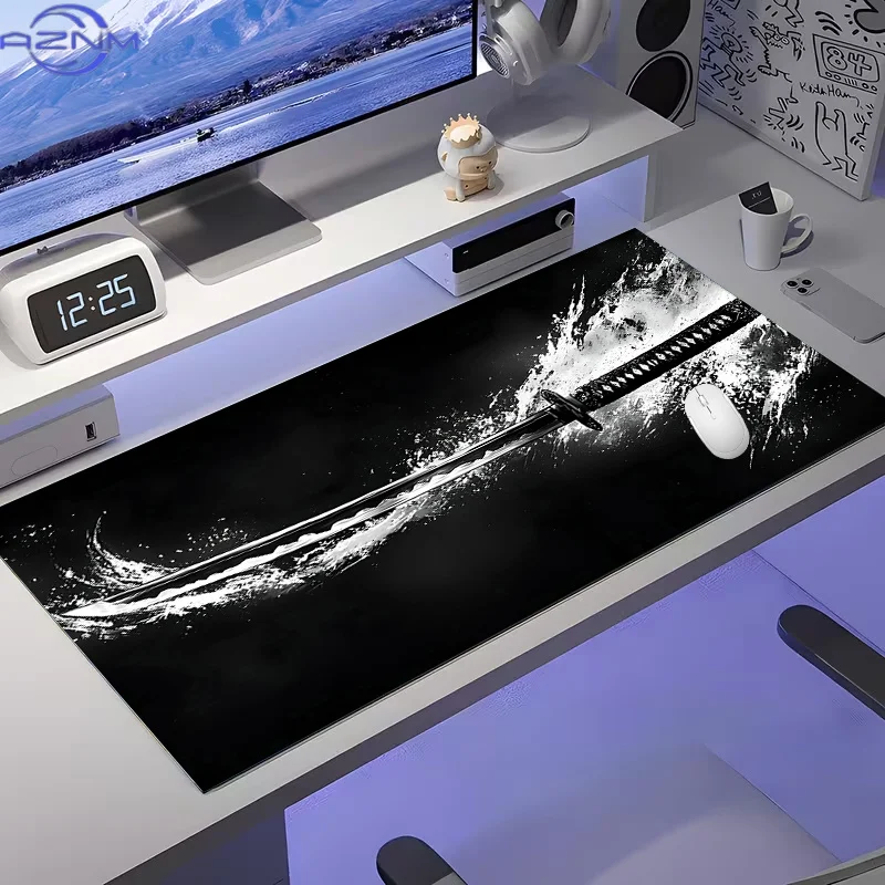 Black Samurai Sword Gaming Mouse Pad Large Cool Mats Non-slip Rubber Base Desk Mat Washable Pads for Game Office Playmat