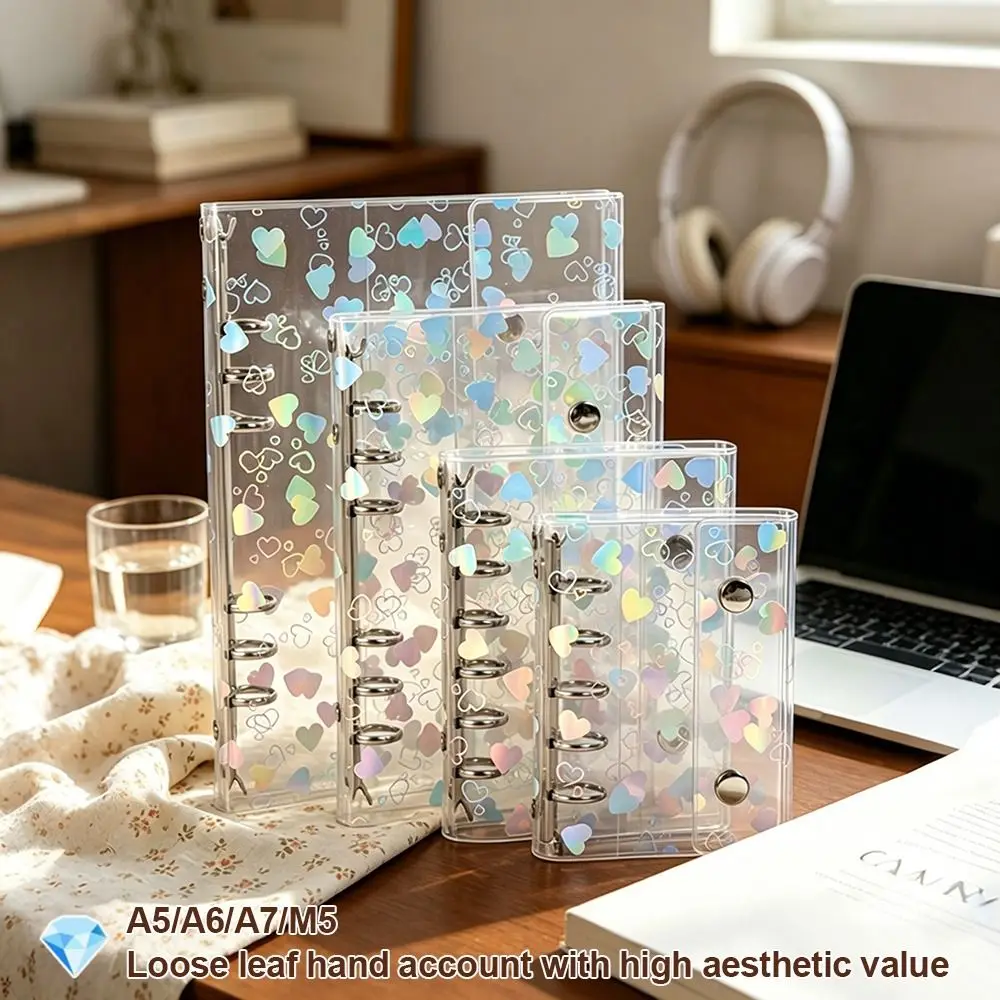 PVC Binder Cover A5/A6/A7/M5 with Double Snap Closure Loose-Leaf Notebook Shell Refillable Laser Heart Patterns Planner Cover