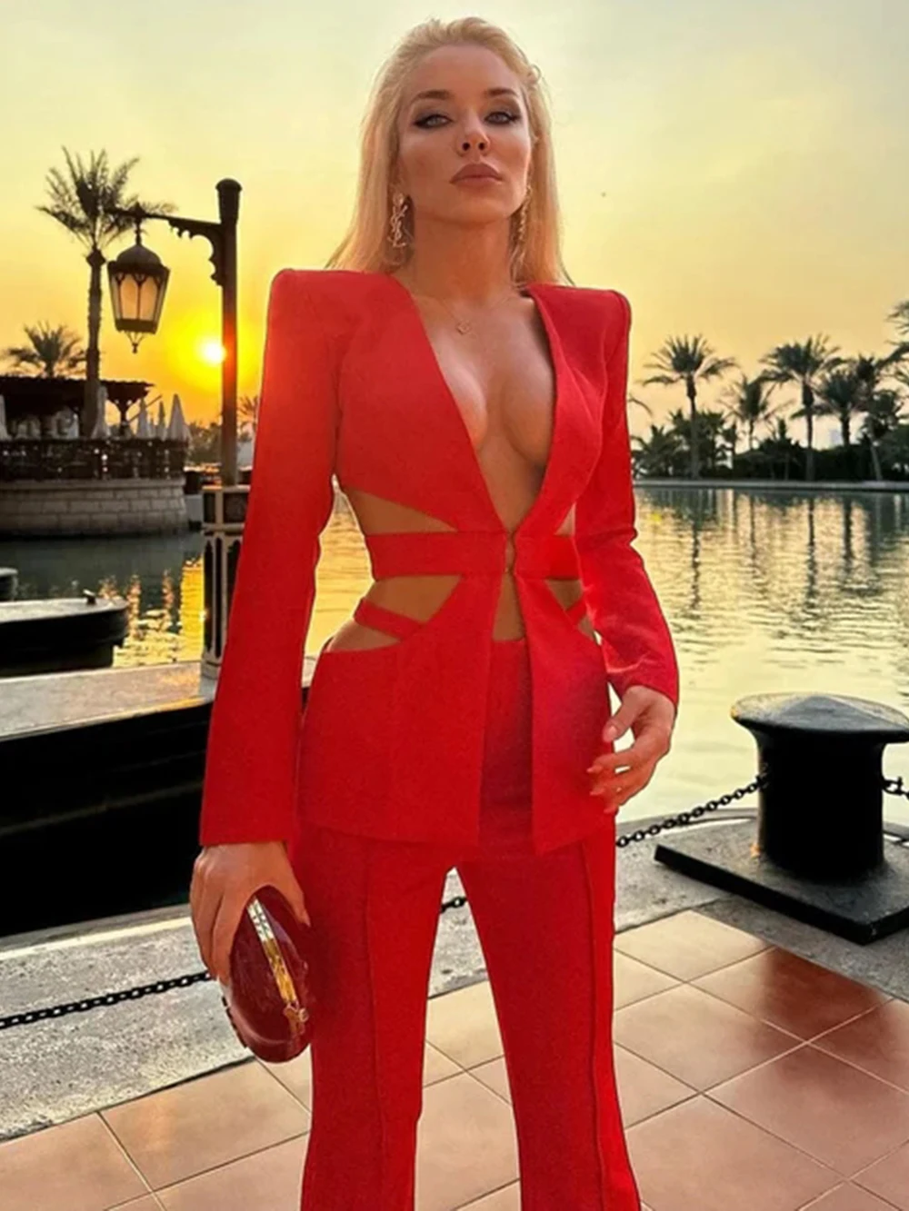 Modphy Red Sexy V-neck Long Sleeve Jacket+High Waist Flare Pants Blazer Set Women\'S 2023 New Hollow Out Designer Two-Piece Set