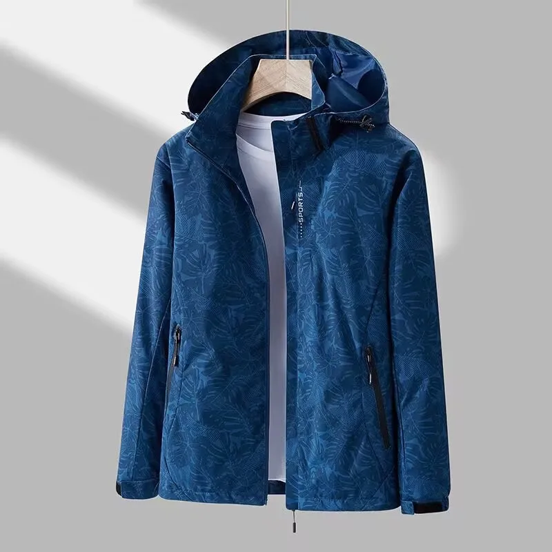 Hiking Jackets Men Hooded Windbreaker Full Sleeve Stand Neck Zipper Print Pockets Casual Outerwear Drawstring Coat Work Autumn