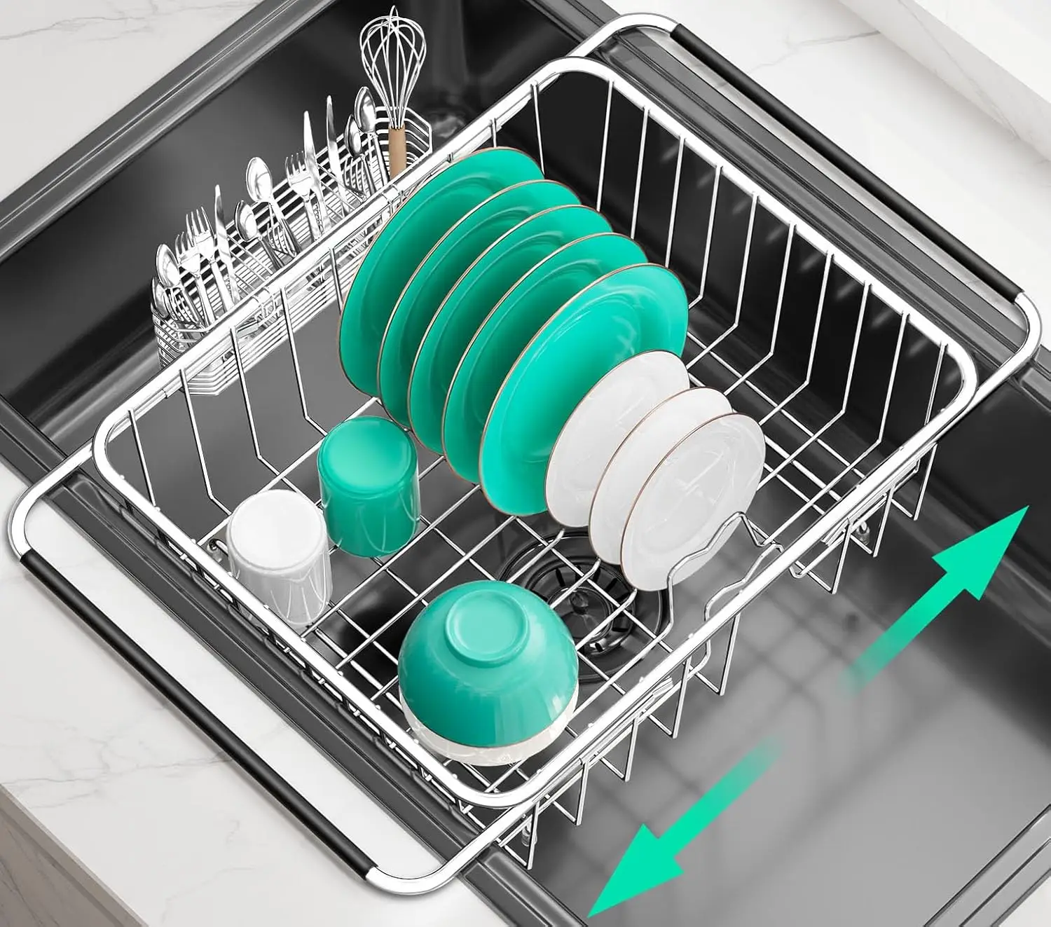 

Expandable 304 Stainless Steel Metal Dish Drainer Rack Organizer Shelves With Stainless Steel Utens