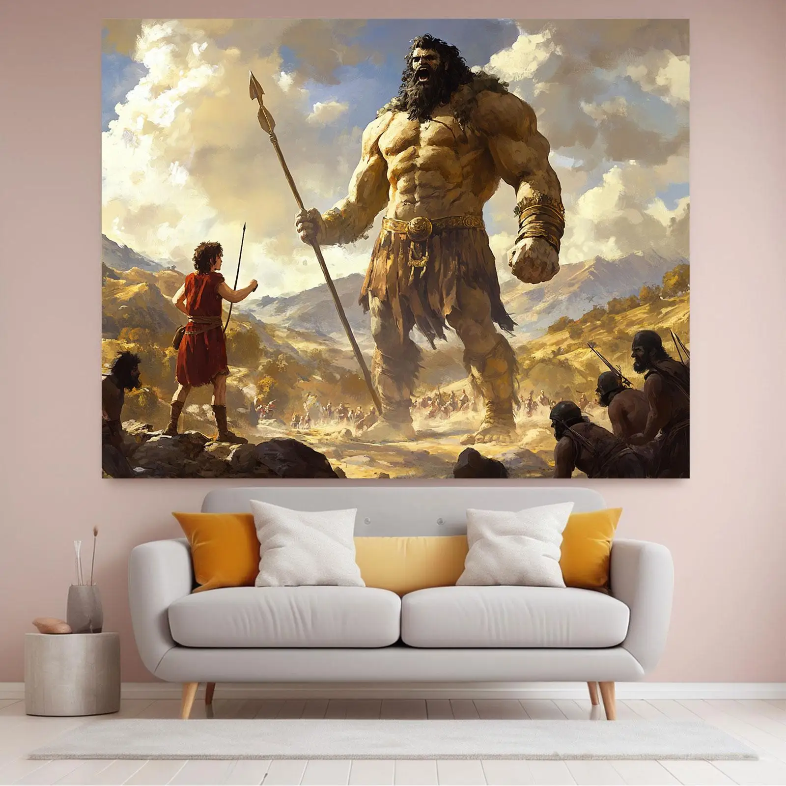 Biblical David vs Goliath Tapestry, Giant Fantasy Warrior Wall Hanging Mythology Epic Battle Art Oil Painting Style History Room