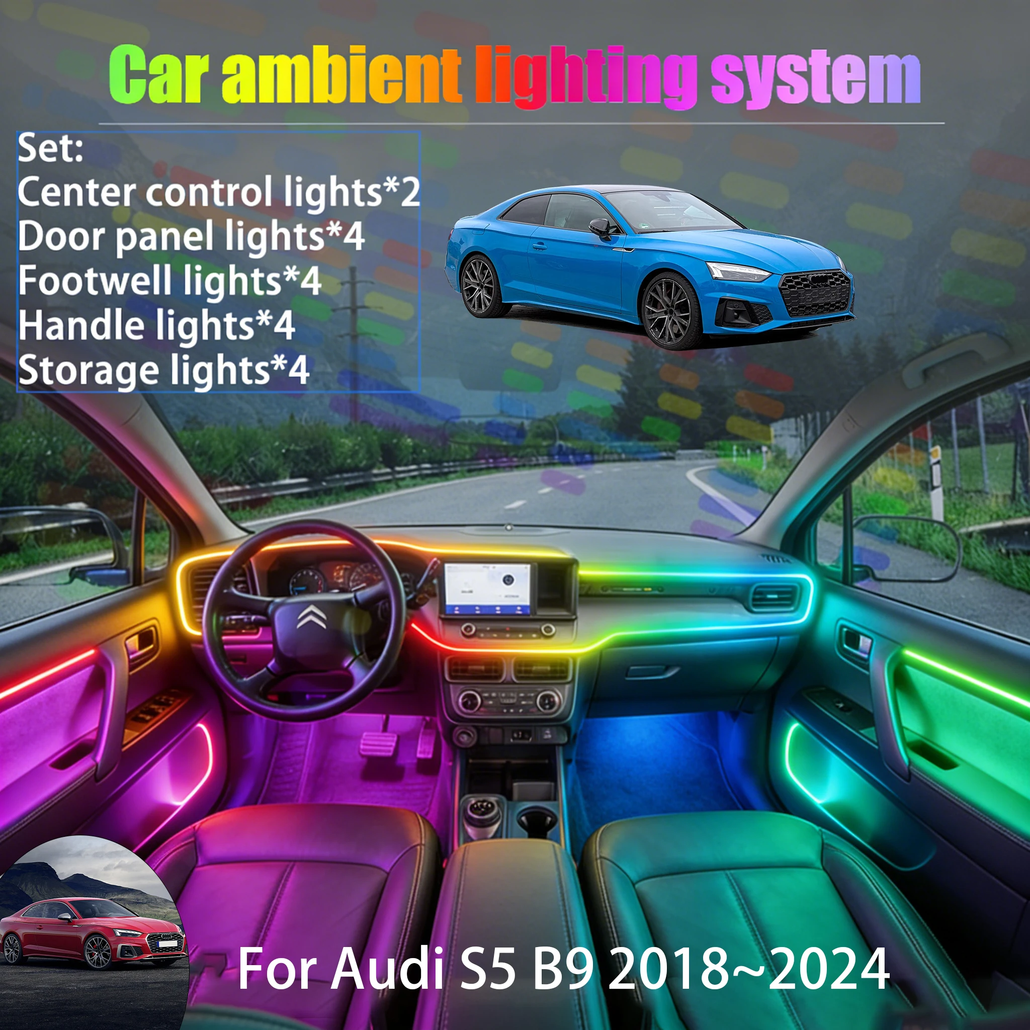 

Для Audi S5 B9 2018~2024: Комплект светодиодной подсветки салона и багажника 2-в-1, USB RGB, с эффектом бегущих огней, автозапчасти