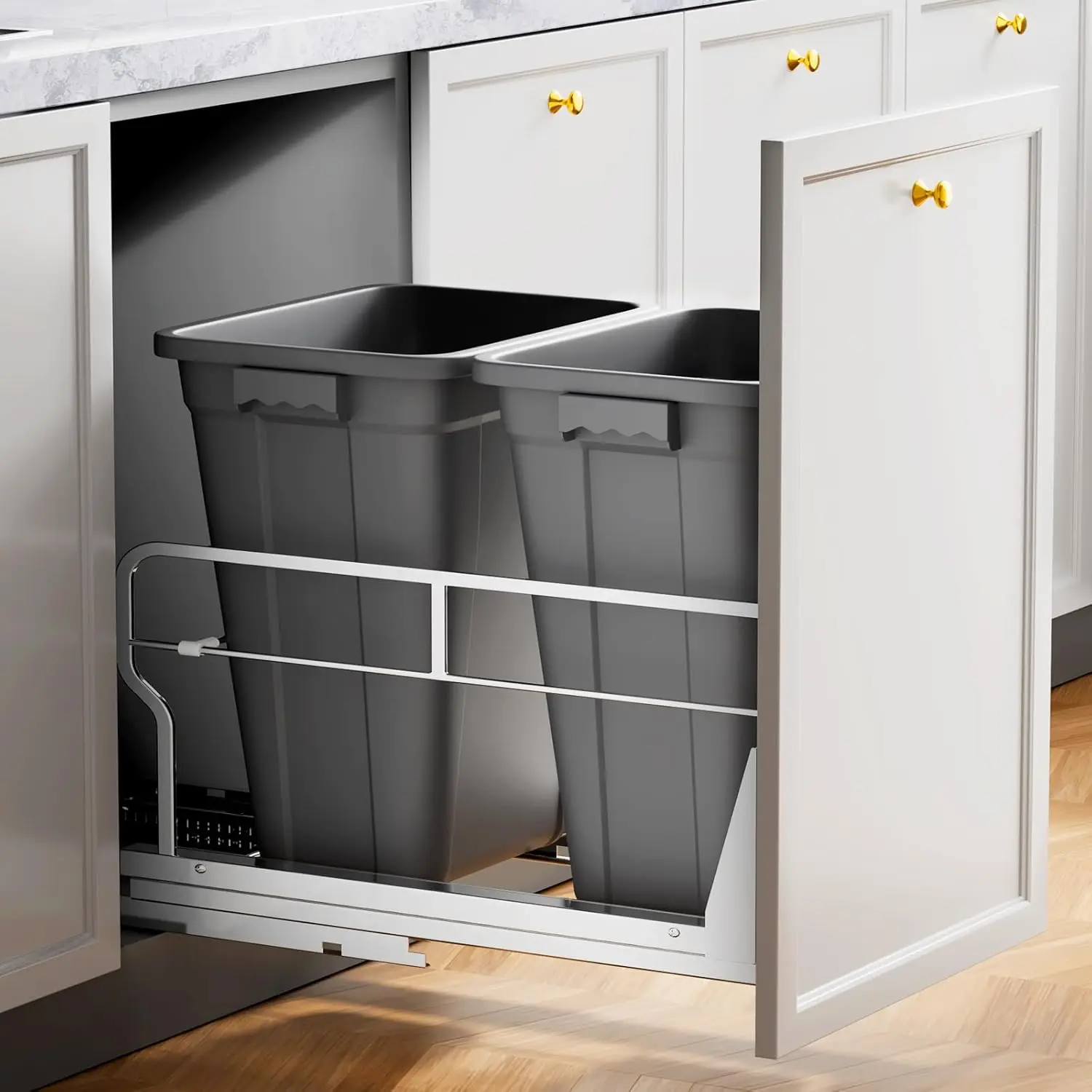 

Double 40QT Pull Out Trash Can Under Cabinet with Soft-Close Slides for Kitchen and Laundry
