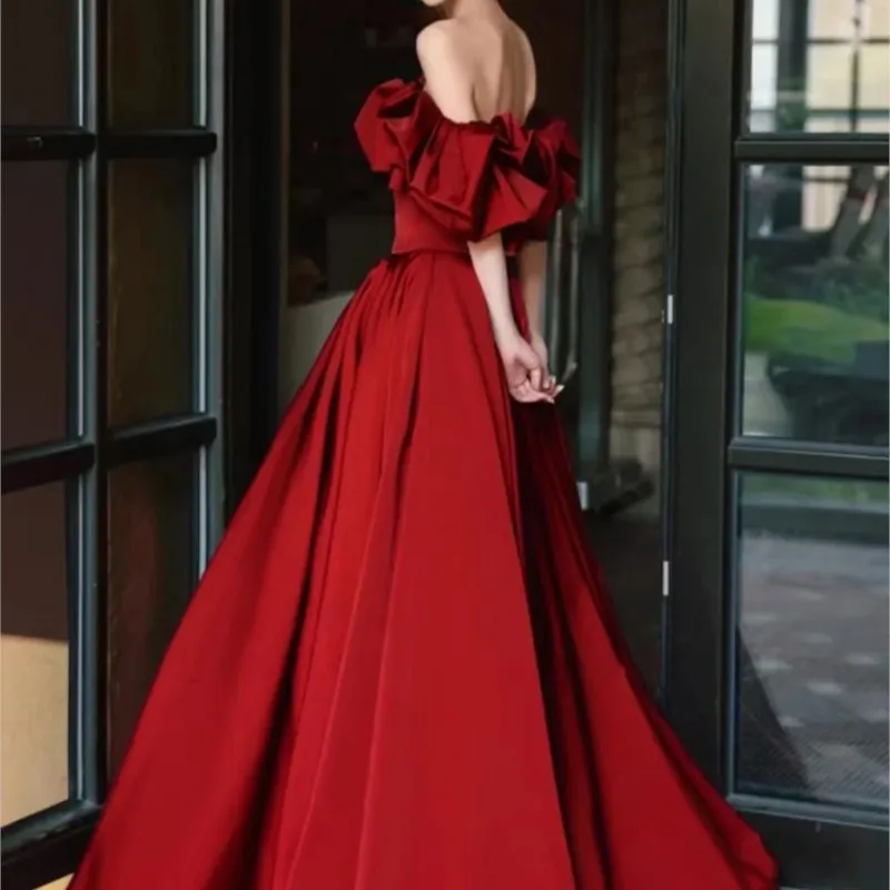 off-Shoulder Toast Clothing Red New Style Women's Dress Satin